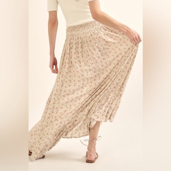 Promesa Sand Floral Smocked Waist Button High Low Maxi Skirt - Picture 6 of 12
